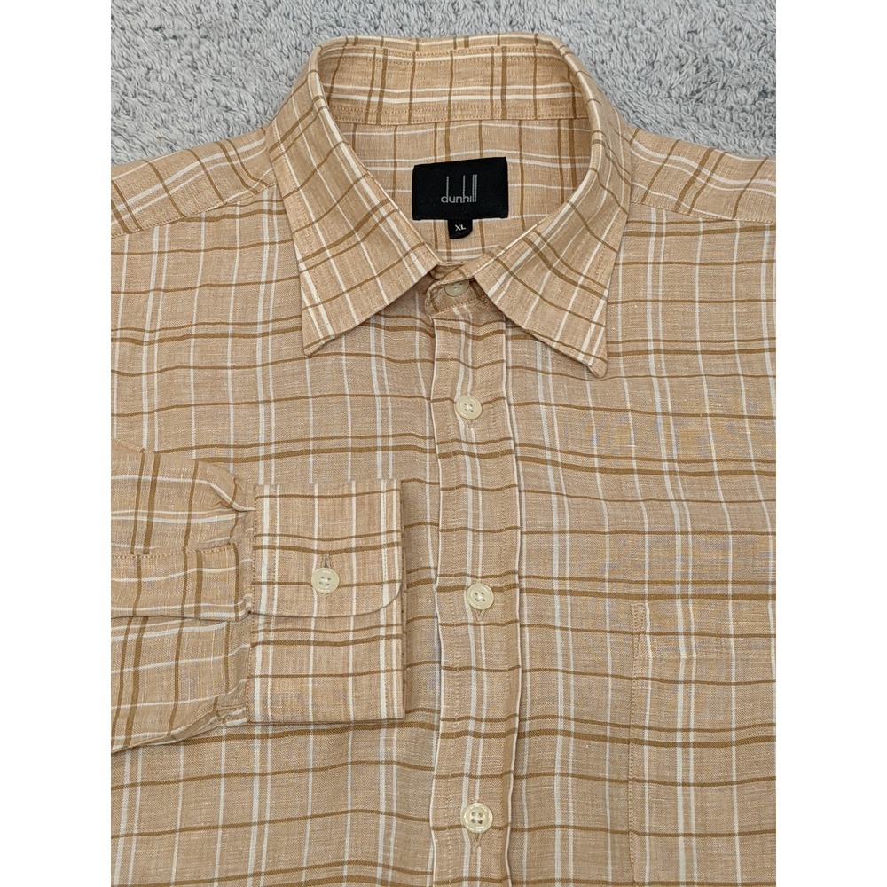 Dunhill Linen Dress Shirt Button Up Long Sleeve Beige Check Paid Men XL Portugal